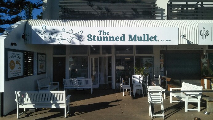 The Stunned Mullet metal awning sign made from aluminium composite material (ACM) to attract street traffic