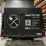 Printed vinyl decals as trailer advertising for garden and outdoor construction projects, featuring QR Codes that link to personalised Linktree landing sites on the Internet - rear doors.